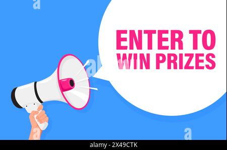Enter to win prizes. Hand hold megaphone speaker for announce. Attention please. Shouting people, advertisement speech symbol. Stock Vector