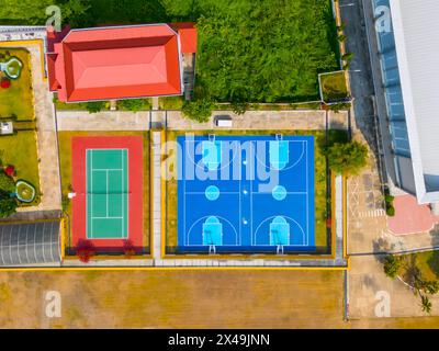 Aerial view of outdoor tennis basketball court. Stock Photo