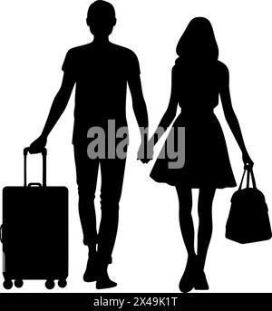 Silhouette of a couple holding hands and walking with travel suitcase. Vector illustration Stock Vector