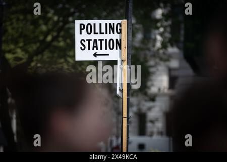 A sign pointing to a polling station ahead of tomorrow’s local elections in Westminster, London. Local Elections are going to be held tomorrow in various parts of the United Kingdom in which the governing Conservative Party is expected to suffer a large number of losses. Stock Photo