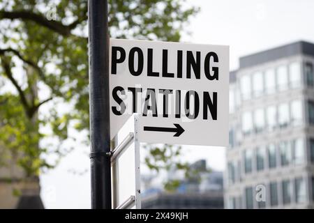 London, UK. 01st May, 2024. A sign pointing to a polling station ahead of tomorrow's local elections in Westminster, London. Local Elections are going to be held tomorrow in various parts of the United Kingdom in which the governing Conservative Party is expected to suffer a large number of losses. (Photo by Tejas Sandhu/SOPA Images/Sipa USA) Credit: Sipa USA/Alamy Live News Stock Photo