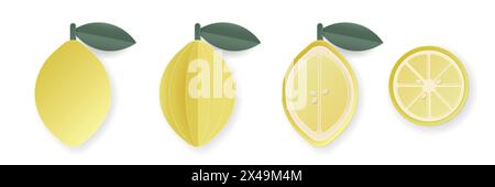 Set of 3d papercut lemon sliced cutout citrus fruit. Summer layered fruits. Juicy food elements for restaurant, food, drinks, bars, recipes, summer, s Stock Vector