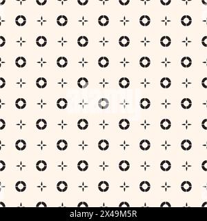 The seamless pattern features a monochrome design of black circles and crosses arranged in a symmetrical layout on a white background.  Stock Vector