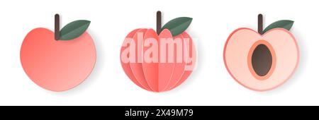 Set of 3d papercut peach sliced cutout stone fruit. Summer layered fruits. Juicy food elements for restaurant, food, drinks, bars, recipes, summer, sw Stock Vector