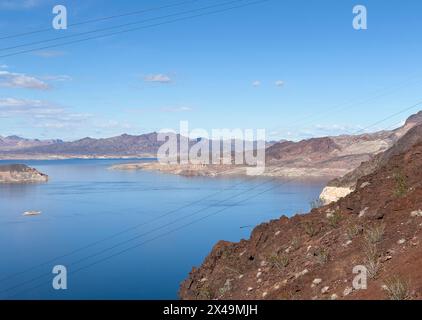 3/17/24, Hoover Dam, Nevada, United States an over view of Lake Mead showing low water levels, Lake Mead borders states Nevada and Arizona, fed by the Colorado river formed by the Hoover Dam. pictured view is from the Nevada side, Sunday, March 17, 2024. Photo by Jennifer Graylock-Alamy 917-519-7666 Stock Photo