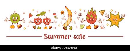 Summer sale. Tropical exotic fruits. Old retro cartoon characters. Groovy. Banana, watermelon, Cherry, pitahaya, star fruit. Horizontal banner in vint Stock Vector