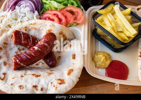 Tortilla wrap, a delightful fusion of savory sausages, crispy French fries, fresh green salad, juicy tomatoes, zesty onions, and shredded cabbage Stock Photo