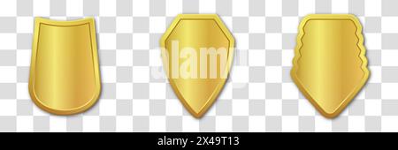 Set of realistic golden heraldic shields. Vector illustration on a transparent background. Stock Vector