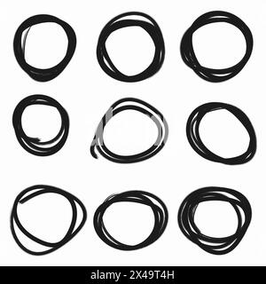 Circular scribble doodle oval. Vector illustration. White background. Highlight circle frames. For message note mark design element. Set hand drawn pe Stock Vector