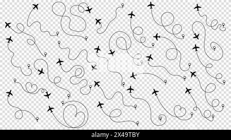 Travel concept from start point and dotted line tracing. Airplane or aeroplane routes path set. Aircraft tracking, plane path, travel, map pins, locat Stock Vector