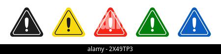 Set of triangular black, yellow, red, green and blue road signs with exclamation point. Caution sign. Vector icons for warning about the situation on Stock Vector