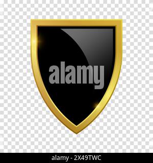 VIP luxury logo design element. Logotype medieval. Coat metal icon sign. Black shield with glossy bright golden frame. Vector clipart illustration. Tr Stock Vector
