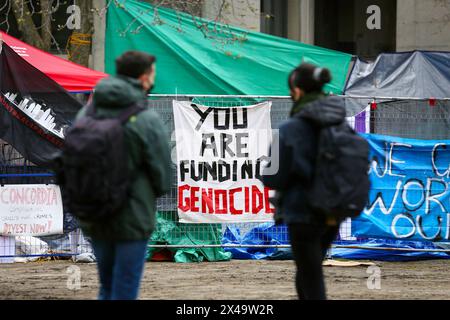 Montreal, Quebec, Canada. 1st May, 2024. A Quebec Superior Court judge has rejected a provisional injunction request that would have forced protesters at the pro-Palestinian encampment on McGill University's downtown campus to leave.The encampment protest has been in place since Saturday, and has grown in size in recent days. Protesters have said they are determined to stay put until the university divests from companies with business interests in Israel. (Credit Image: © Serkan Senturk/ZUMA Press Wire) EDITORIAL USAGE ONLY! Not for Commercial USAGE! Stock Photo