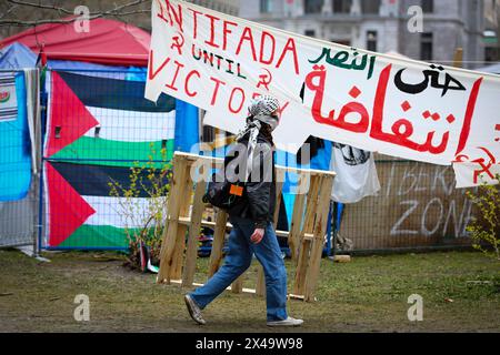 Montreal, Quebec, Canada. 1st May, 2024. A Quebec Superior Court judge has rejected a provisional injunction request that would have forced protesters at the pro-Palestinian encampment on McGill University's downtown campus to leave.The encampment protest has been in place since Saturday, and has grown in size in recent days. Protesters have said they are determined to stay put until the university divests from companies with business interests in Israel. (Credit Image: © Serkan Senturk/ZUMA Press Wire) EDITORIAL USAGE ONLY! Not for Commercial USAGE! Stock Photo