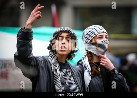 Montreal, Quebec, Canada. 1st May, 2024. A Quebec Superior Court judge has rejected a provisional injunction request that would have forced protesters at the pro-Palestinian encampment on McGill University's downtown campus to leave.The encampment protest has been in place since Saturday, and has grown in size in recent days. Protesters have said they are determined to stay put until the university divests from companies with business interests in Israel. (Credit Image: © Serkan Senturk/ZUMA Press Wire) EDITORIAL USAGE ONLY! Not for Commercial USAGE! Stock Photo