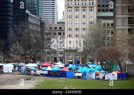 Montreal, Quebec, Canada. 1st May, 2024. A Quebec Superior Court judge has rejected a provisional injunction request that would have forced protesters at the pro-Palestinian encampment on McGill University's downtown campus to leave.The encampment protest has been in place since Saturday, and has grown in size in recent days. Protesters have said they are determined to stay put until the university divests from companies with business interests in Israel. (Credit Image: © Serkan Senturk/ZUMA Press Wire) EDITORIAL USAGE ONLY! Not for Commercial USAGE! Stock Photo