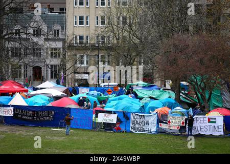 Montreal, Quebec, Canada. 1st May, 2024. A Quebec Superior Court judge has rejected a provisional injunction request that would have forced protesters at the pro-Palestinian encampment on McGill University's downtown campus to leave.The encampment protest has been in place since Saturday, and has grown in size in recent days. Protesters have said they are determined to stay put until the university divests from companies with business interests in Israel. (Credit Image: © Serkan Senturk/ZUMA Press Wire) EDITORIAL USAGE ONLY! Not for Commercial USAGE! Stock Photo