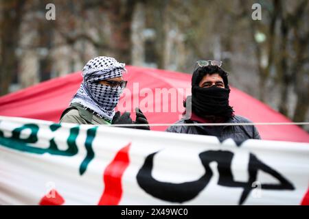 Montreal, Quebec, Canada. 1st May, 2024. A Quebec Superior Court judge has rejected a provisional injunction request that would have forced protesters at the pro-Palestinian encampment on McGill University's downtown campus to leave.The encampment protest has been in place since Saturday, and has grown in size in recent days. Protesters have said they are determined to stay put until the university divests from companies with business interests in Israel. (Credit Image: © Serkan Senturk/ZUMA Press Wire) EDITORIAL USAGE ONLY! Not for Commercial USAGE! Stock Photo