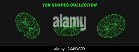 Abstract wireframes, cyberpunk elements and perspective green grids on a spheres. Psychedelic y2k shapes. Rave vector elements or trendy psychedelic s Stock Vector