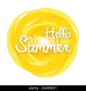 Hello summer on yellow watercolor spot. Design element for invitation, greeting card, prints and posters. Vector illustration. Stock Vector