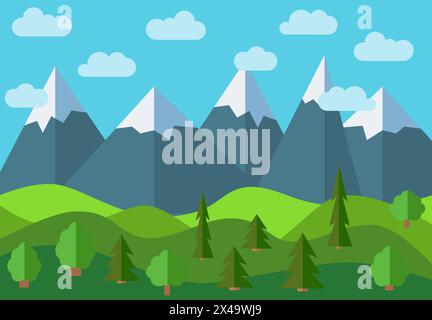 Vector panoramic mountain cartoon landscape. Natural landscape in the flat style with blue sky, clouds, trees, hills and mountains with snow on the pe Stock Vector