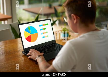 Transgender office worker analyzes data charts on laptop screen in bright workspace. Pro with tattoo interacts with business analytics report Stock Photo