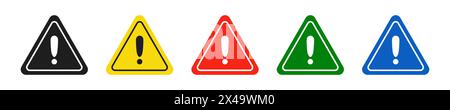 Set of triangular black, yellow, red, green and blue road signs with exclamation point. Caution sign. Vector icons for warning about the situation on Stock Vector