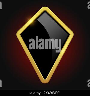 Black shield with glossy bright golden frame isolated on red background. VIP luxury logo design element. Vector clipart illustration. Logotype medieva Stock Vector