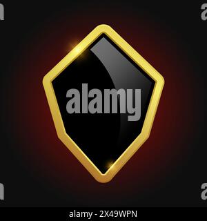 Black shield with glossy bright golden frame isolated on red background. Luxury logo design element. Vector illustration. Stock Vector