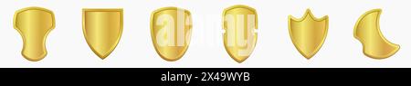 Set of realistic golden heraldic shields. Glass and glossy shield collection. Vector illustration. Stock Vector