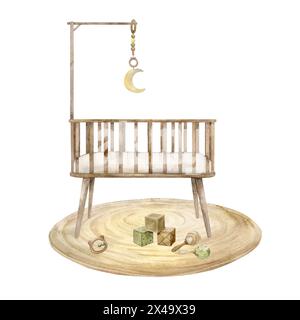 Watercolor wooden crib for a New Year's baby with a mobile, carousel and various children's toys. Isolated hand drawn illustration for children's inte Stock Photo