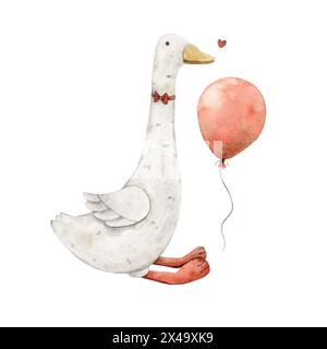 Watercolor drawing with a plush goose and a bow, a red balloon and a heart. Illustration hand drawn on isolated background for cards, interior, sticke Stock Photo