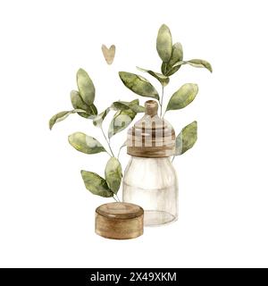 Baby milk bottle and leaves painted in watercolor. Botanical green leaves in the background. Isolated hand drawn illustration for children's interior, Stock Photo