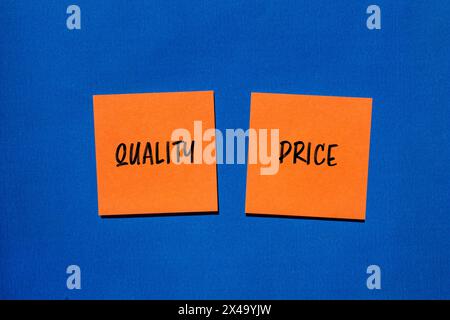 Quality price words written on orange stickers with blue background. Conceptual quality or price symbol. Copy space. Stock Photo