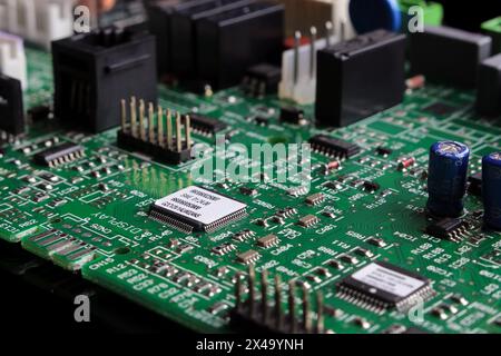 Mainboard Electronic computer background. Abstract. Green. Logic board, CPU, Motherboard, Main board, System board Stock Photo