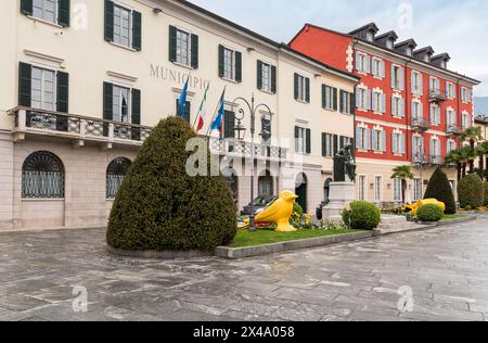 Cannobio, Piedmont, Italy - April 26, 2024: The Town Hall palace on the lakeside of Cannobio. Stock Photo