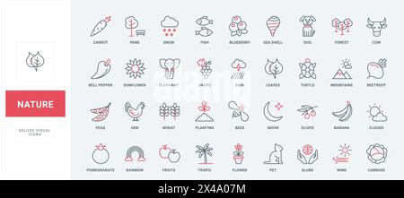 Save nature and ecology, environment and weather line icons set. Cultivation of plants and wheat crop, protection of animals and insects thin black and red outline symbols vector illustration Stock Vector