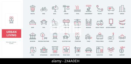 City buildings, town infrastructure and transport line icons set. Gas station and construction crane, house and factory, skyscrapers and store thin black and red outline symbols vector illustration Stock Vector