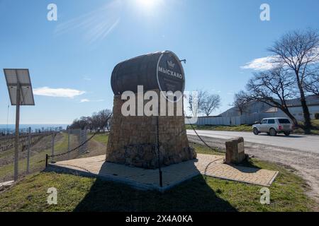 Novorossiysk, Russia 22 August 2023 monument vintage wine barrel factory of sparkling wines Myskhako. Stock Photo