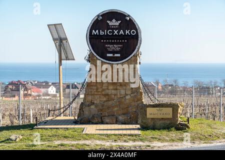 Novorossiysk, Russia 22 August 2023 monument vintage wine barrel factory of sparkling wines Myskhako. Stock Photo