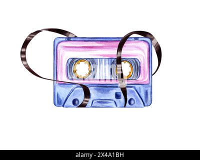 Old audiocassette with tangled tape. Retro audio Cassettes. Nostalgia. Brown magnetic tape. Vintage multicolored Music compact Cassette. Stock Photo