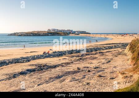 View over Baleal beach near Peniche in Portugal in the late afternoon in summer with Baleal island in the background. Stock Photo