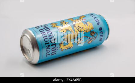Kyiv, Ukraine - April 01, 2023: Studio shoot of Wolters Pils German beer can closeup on white. Lowenbrau is a brewery founded in Munich around 1383, i Stock Photo