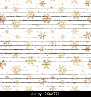 Snowflake seamless pattern. Repeated gold snowflakes on white background for design winter prints. Repeating sparkle foil. Cute golden sparkling snow Stock Vector