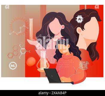 Women Empowerment in Science - Artificial Intelligence, Statistics and Machine Learning in Scientific Research Illustration as EPS 10 File Stock Vector