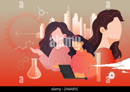 Women Empowerment in Science - Artificial Intelligence, Statistics and Machine Learning in Scientific Research Illustration as EPS 10 File Stock Vector