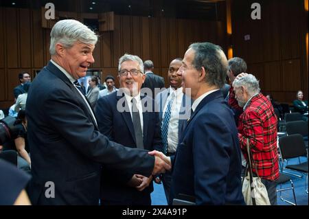 Washington, United States Of America. 01st May, 2024. United States Representative Jamie Raskin (Democrat of Maryland), right, chats with United States Senator Sheldon Whitehouse (Democrat of Rhode Island), Chair, US Senate Committee on the Budget, left, after testifying before a Senate Committee on the Budget hearing to examine Big Oil's evolving efforts to avoid accountability for climate change in the Hart Senate Office Building in Washington, DC, Wednesday, May 1, 2024. Credit: Rod Lamkey/CNP/Sipa USA Credit: Sipa USA/Alamy Live News Stock Photo