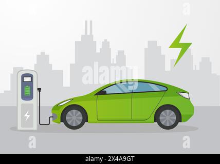 Electric Vehicle Charging Station against Cityscape - Stock Illustration  as EPS 10 File Stock Vector