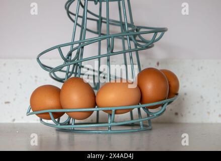 Brown eggs in a turquoise wire spiral basket on a kitchen counter with a white textured background Stock Photo