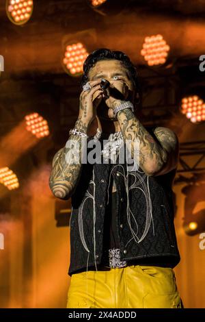 HERMOSILLO, MEXICO - APRIL 30: Christian Nodal  performs ,  during a concert at Explanada de las Estrellas de la ExpoGan Sonora on April 30, 2024 in Hermosillo, Mexico.(Photo by  Sebastian Gaxiola/Norte Photo) Stock Photo